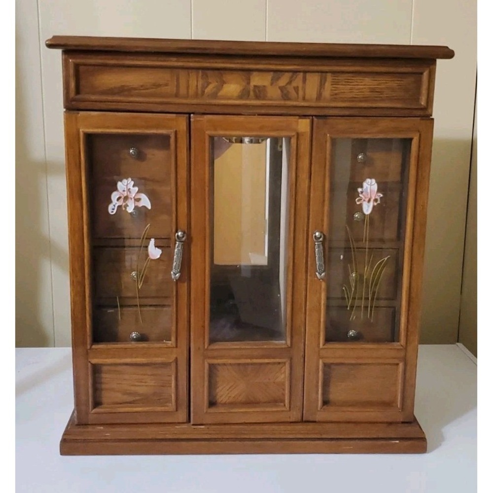 Vtg Tall Jewelry Box With 6 Drawers Mirror Cabinet Hangers Ring & Earring Holder